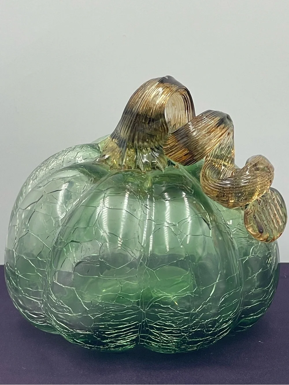 Vintage Hand Blown Green Ombre Crackle Art Glass Pumpkin with Amber Twisted Stem